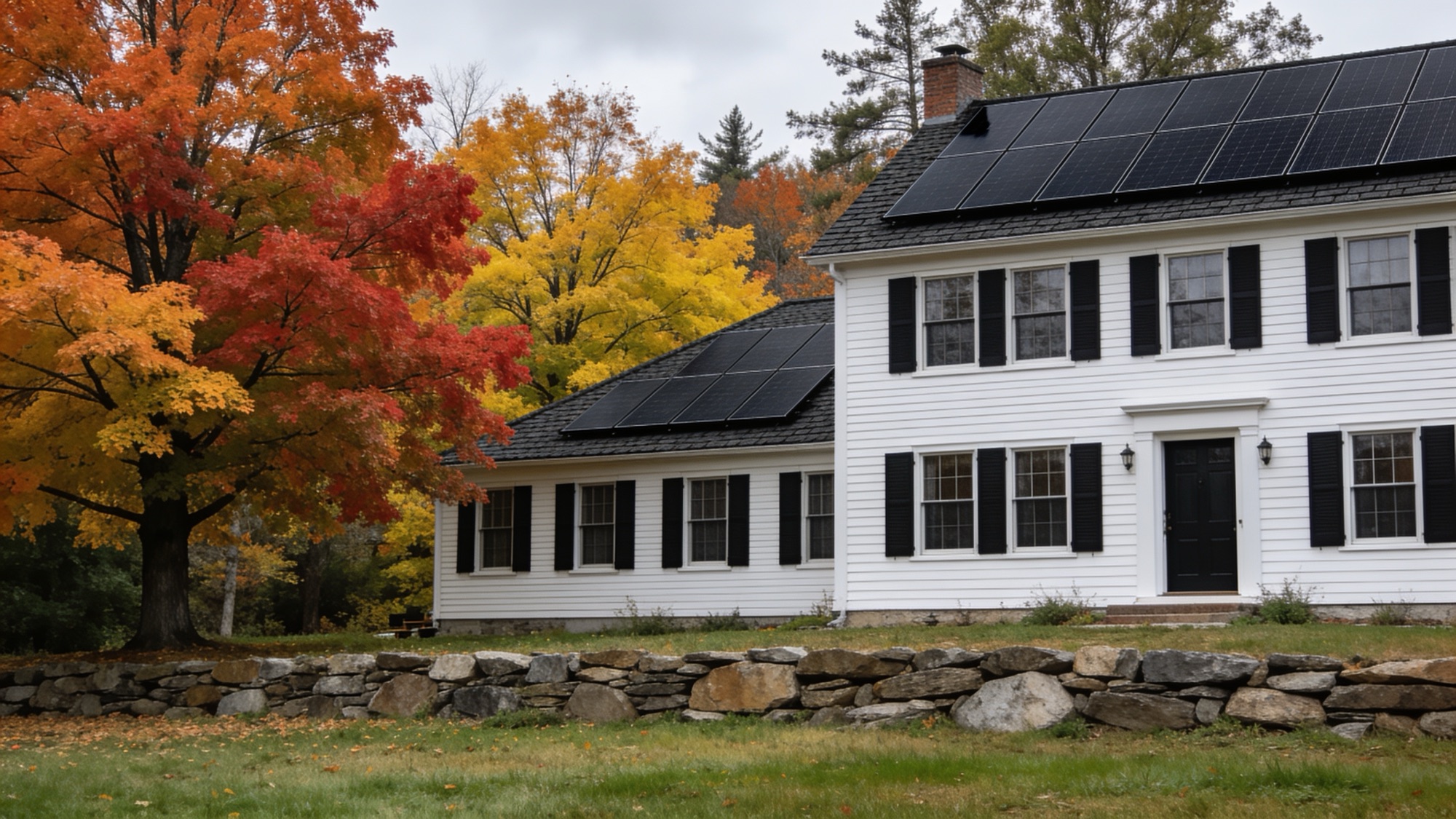 Cape-style home on a tree-lined New England street with solar panels on its south-facing roof