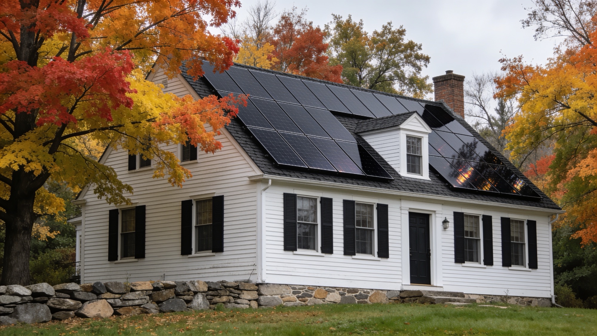 White clapboard colonial home with rooftop solar panels, a dry-stone wall and autumn maples